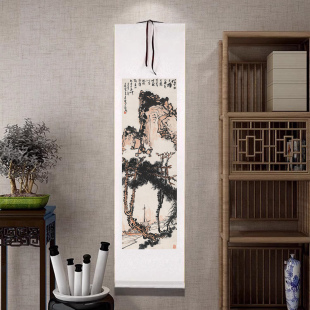 潘天寿字画江舟夜泊图条幅卷轴山水画中式客厅装饰画书房茶室挂画