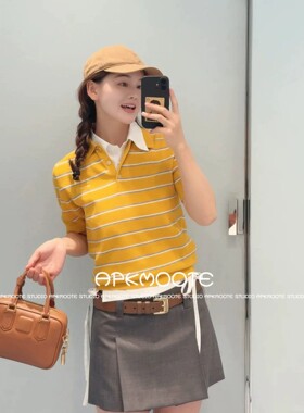 icc 5.7甜酷少女!26s新品polo领黄条纹山羊绒短袖针织衫女