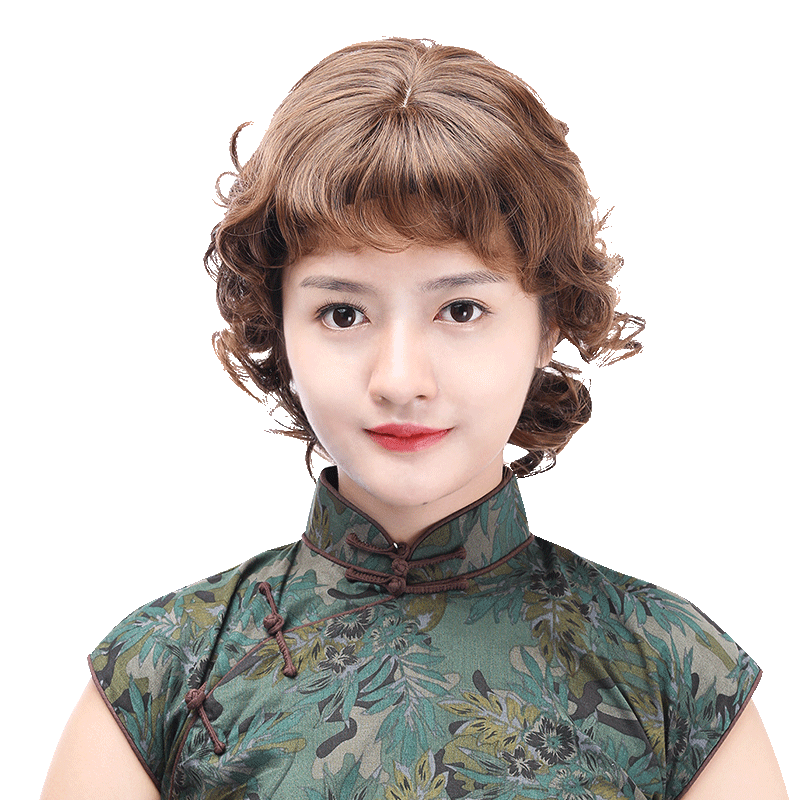 娇滴中年女士蓬松蛋卷头逼真假发