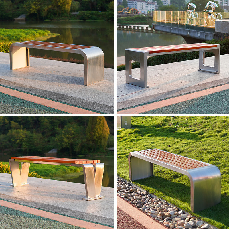 户外不锈钢公园椅长椅广场双人座椅室外防腐木塑木休闲椅长条凳子