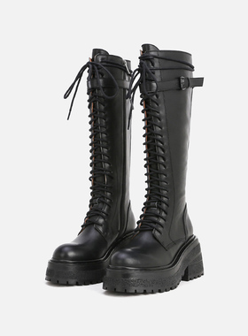 骑士靴女高筒英伦风真皮春秋ann系带松糕底粗腿长筒靴厚底马丁靴