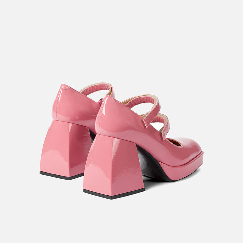 玛丽珍鞋女法式复古真皮方头浅口防水台粗跟单鞋女粉色高跟鞋女鞋