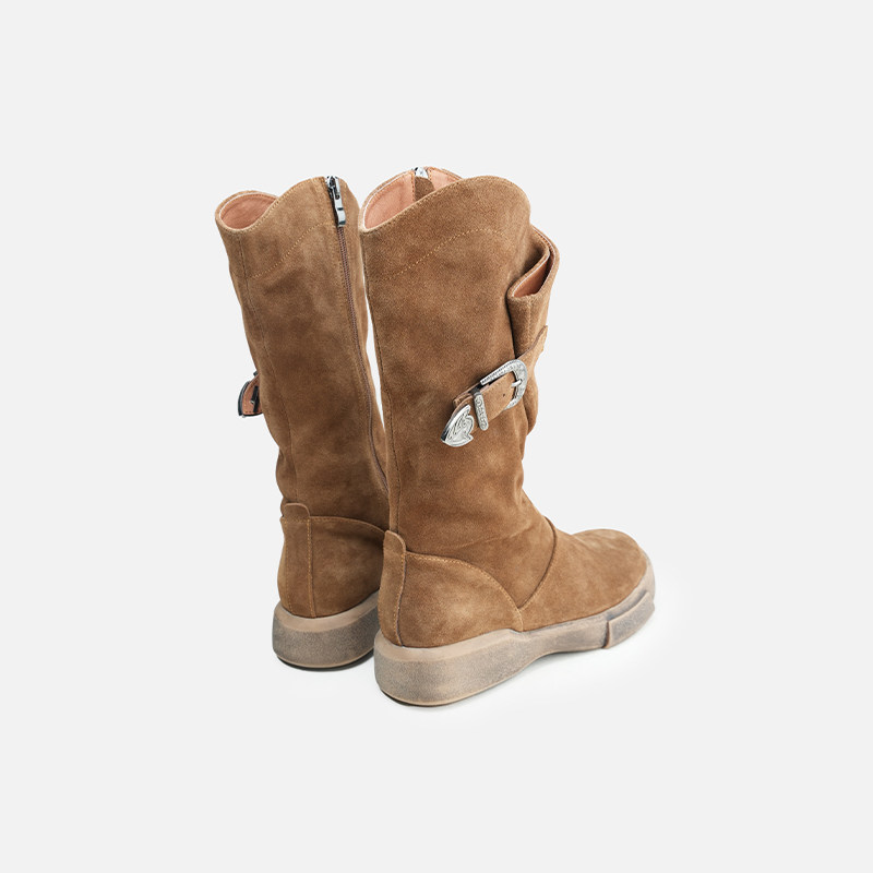 西部牛仔靴女平底真皮复古异域风情高筒靴裤管靴堆堆靴皱皱骑士靴