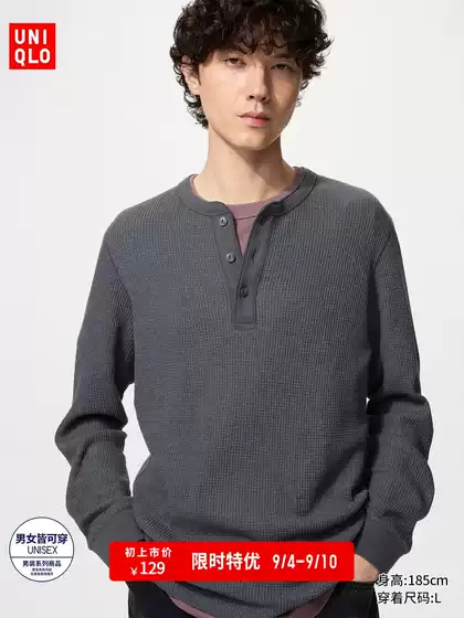 Waffle Henley Pullover/Long-Sleeve Uniqlo Men's and Women's Couple T-Shirt 482766 486104