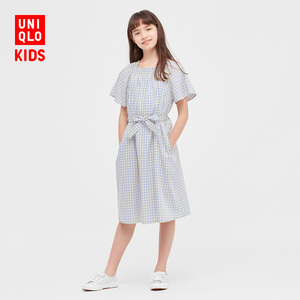 Uniqlo children's clothing/girl/big children's grid dress (short -sleeved dress contains belt summer models) 447800