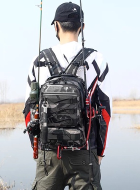 百搭路亚双肩腰包防水耐磨轻便小身材大容量双层多功能可插鱼竿包