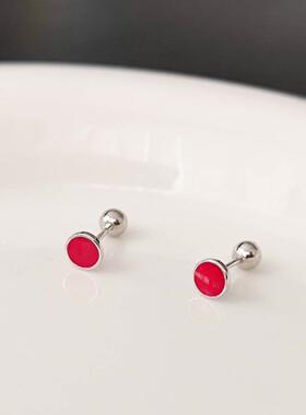 s925纯银耳骨钉女螺丝拧睡觉免摘设计感耳蜗钉耳钉红色时尚耳环