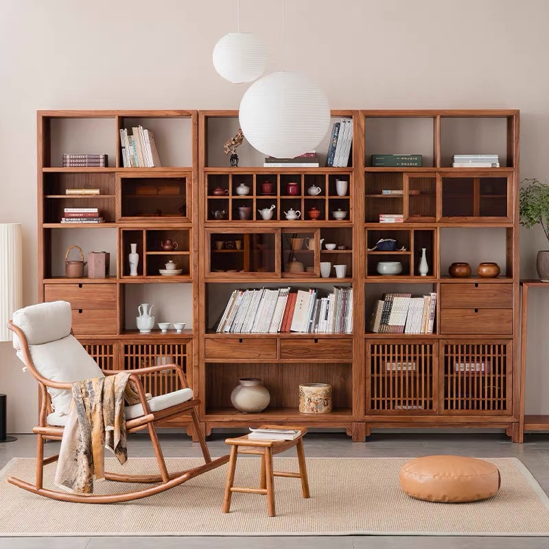 新中式实木书柜老榆木组合书架一体整墙展示柜子书房家具