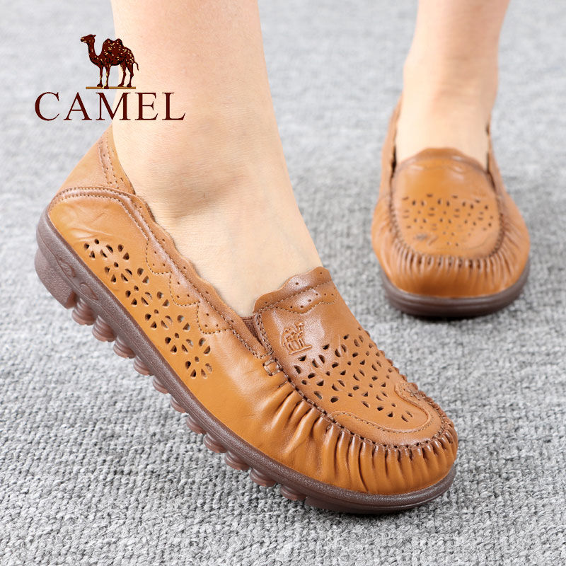 camel/骆驼女鞋夏季真牛皮网眼孔透气柔软底舒适休闲妈妈单凉鞋子
