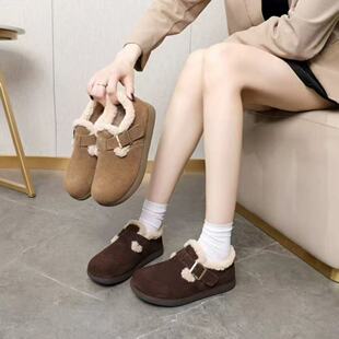 2025秋冬新款凤飞飞女鞋勃肯鞋羊羔绒加棉保暖磨砂牛皮厚底短靴雪