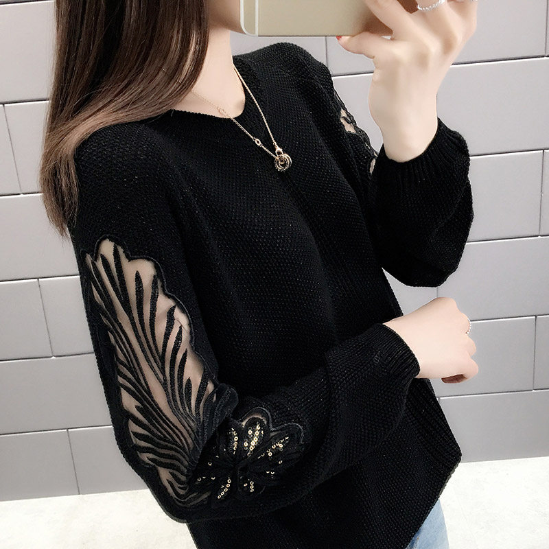 秋装2022年新款女装港味毛衣女薄宽松线衣镂空蕾丝针织打底衫网纱