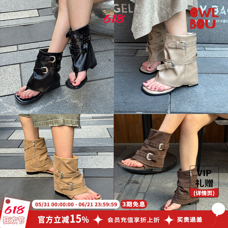【5折】HEYFUN设计师款罗马凉鞋高帮凉靴夹脚低跟皮带扣女鞋