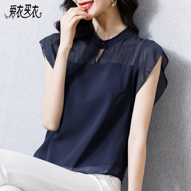 女人遮肚小衫雪纺短袖女上衣洋气收腰衬衫时尚夏装女气质宽松衬衣