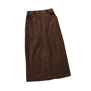 灯芯绒大码半身裙女 春秋松紧腰纯棉质中长款开叉条绒裙子A字咖色