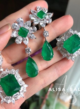 珠宝奢华银天然仿祖母绿戒指时尚