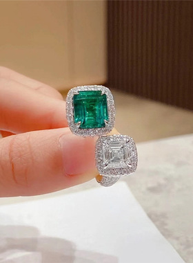 高级饰品ins轻奢方祖母绿戒指女