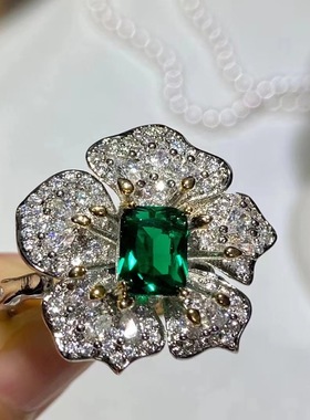 祖母绿可调节锆石时尚花朵戒指