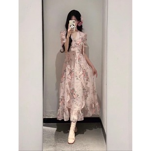 鬼马系少女韩国chic复古甜美荷叶边泡泡袖 花朵长款 雪纺连衣裙夏季