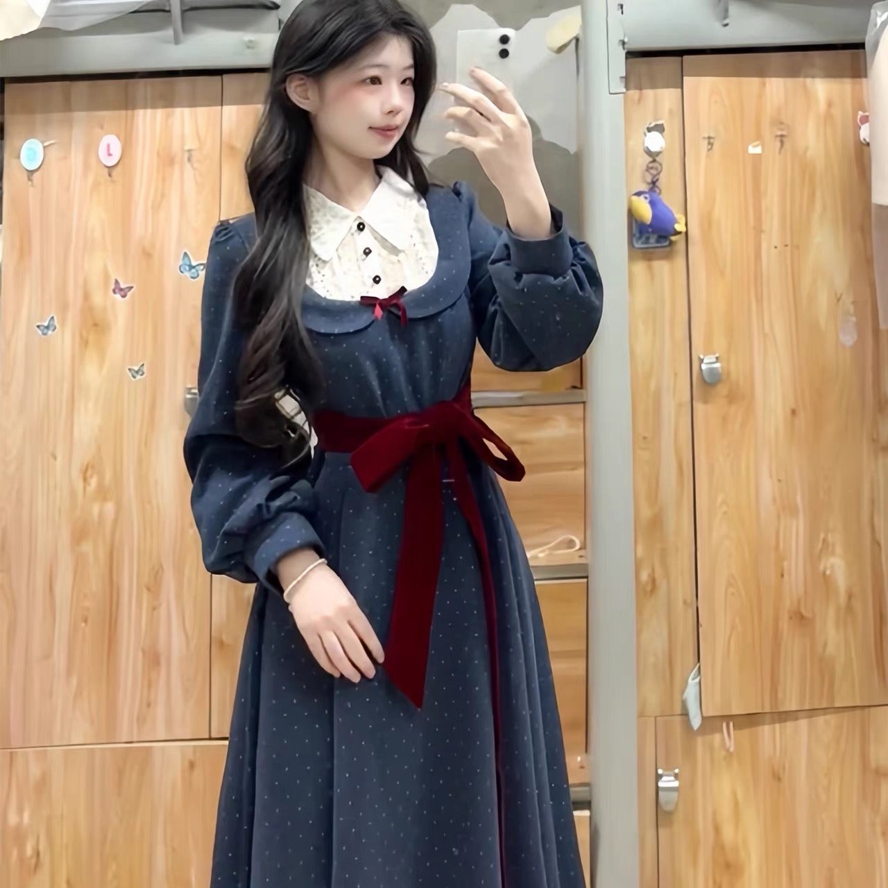 鬼马少女蕾丝翻领印花连衣裙秋冬miu千金感绑带收腰假两件波点裙,女装/女士精品,连衣裙,淘宝优惠券,粉丝福利购,淘宝优惠卷