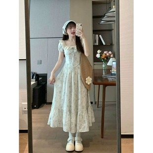 鬼马少女温柔甜美碎花连衣裙女夏学院风高级感刺绣公主裙收腰长裙
