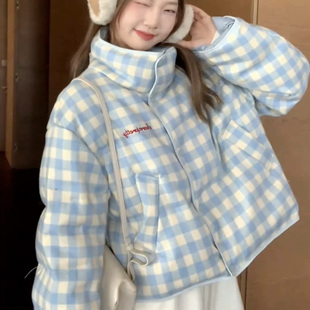 鬼马系少女白鸭绒防风厚实外套短款秋冬蓝色格子立领羽绒服小个子