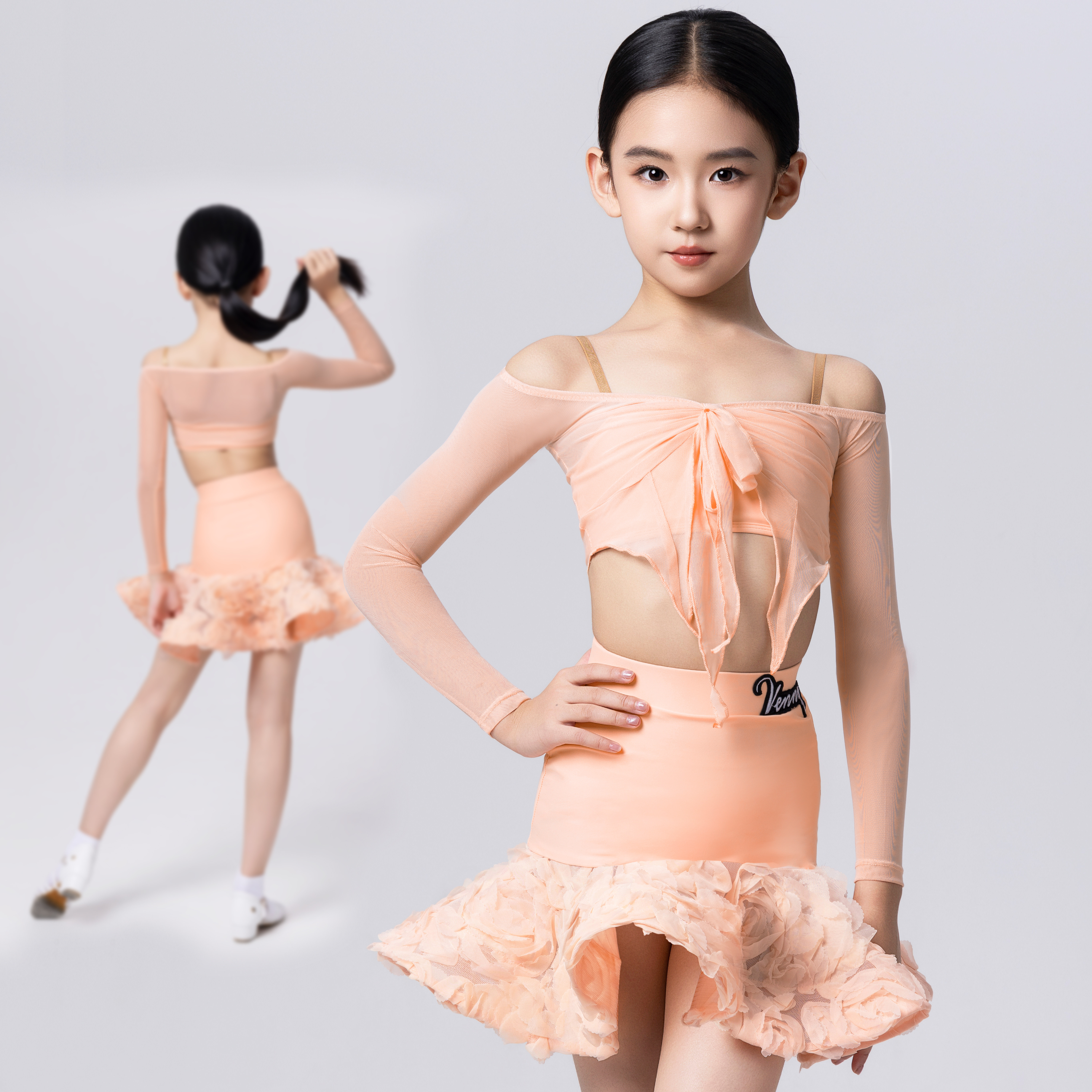 Venny薇妮拉丁舞秋冬季女儿童练功服吊带长袖蝴蝶结花瓣半裙套装