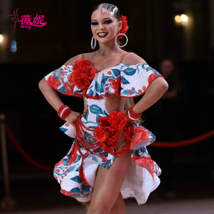 Venny薇妮拉丁舞国标专用比赛花服定制钻服大红花镶钻连体演出服