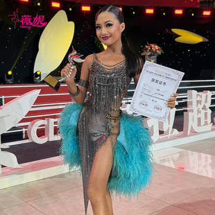 Venny薇妮舞美拉丁舞比赛花服镶钻珠管羽毛量身定制专业表演走秀