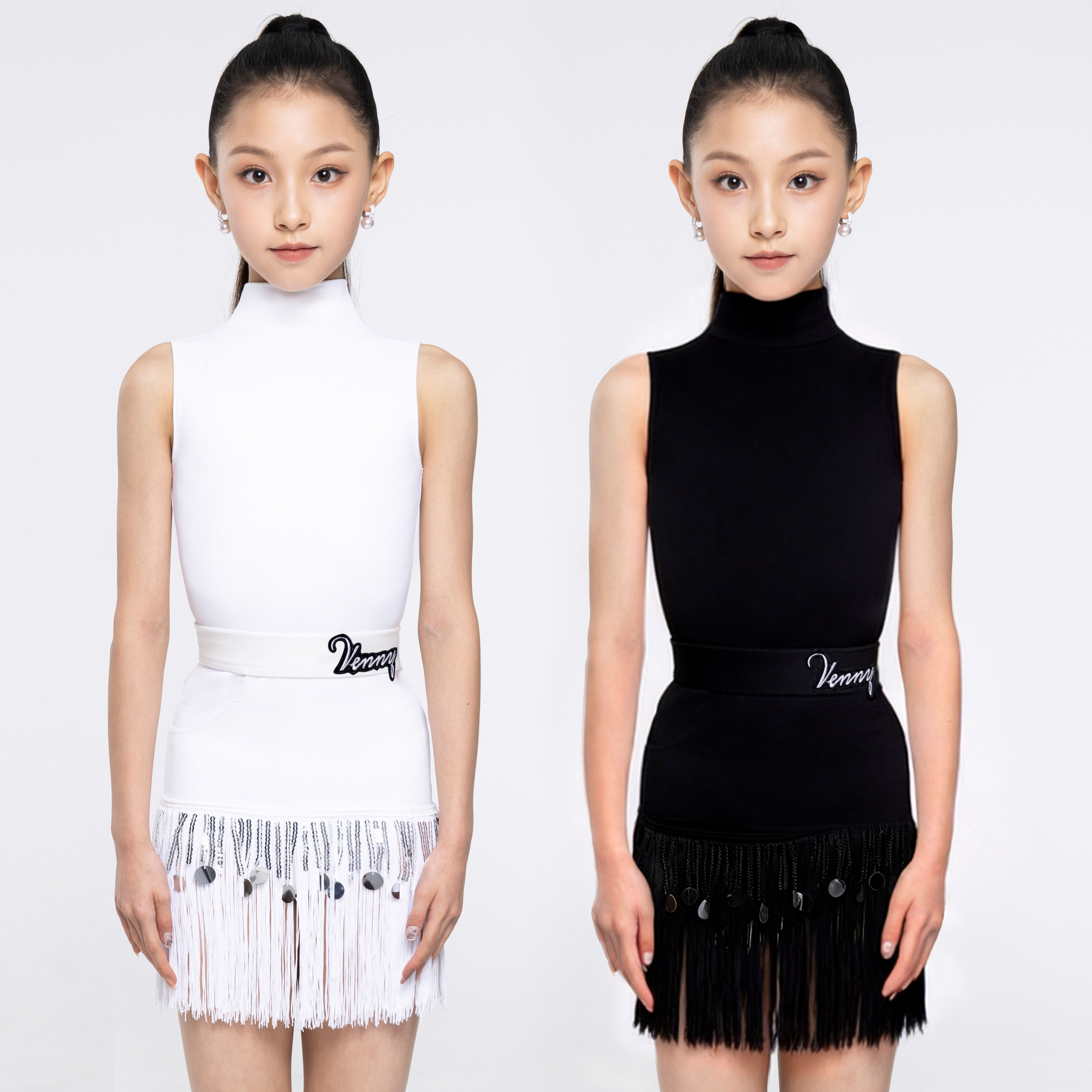 Venny薇妮【黑白律动】拉丁舞服分体练功服亮片流苏半裙高领上衣