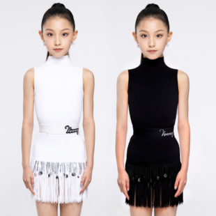 Venny薇妮【黑白律动】拉丁舞服分体练功服亮片流苏半裙高领上衣