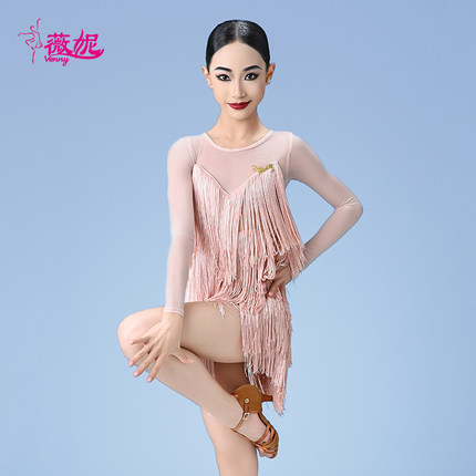 薇妮拉丁舞服流苏长袖连衣裙表演舞裙成人练功服秋冬女童14岁比赛