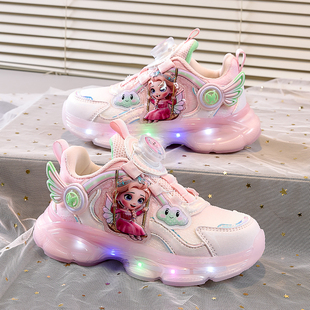 公主鞋女童运动休闲鞋儿童发光鞋2026春季新款女孩透气网面宝宝鞋
