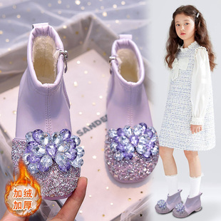 ABC SHIELD女童靴子2025冬季公主鞋儿童皮鞋女宝宝小短靴加绒鞋子