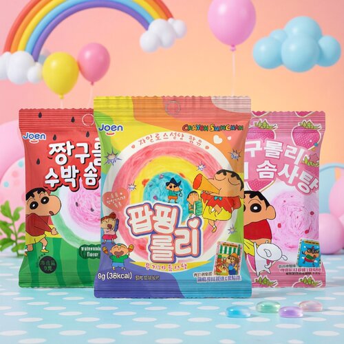 韩国进口joen蜡笔小新彩虹状棉花糖跳跳糖西瓜草莓味联名款七彩糖