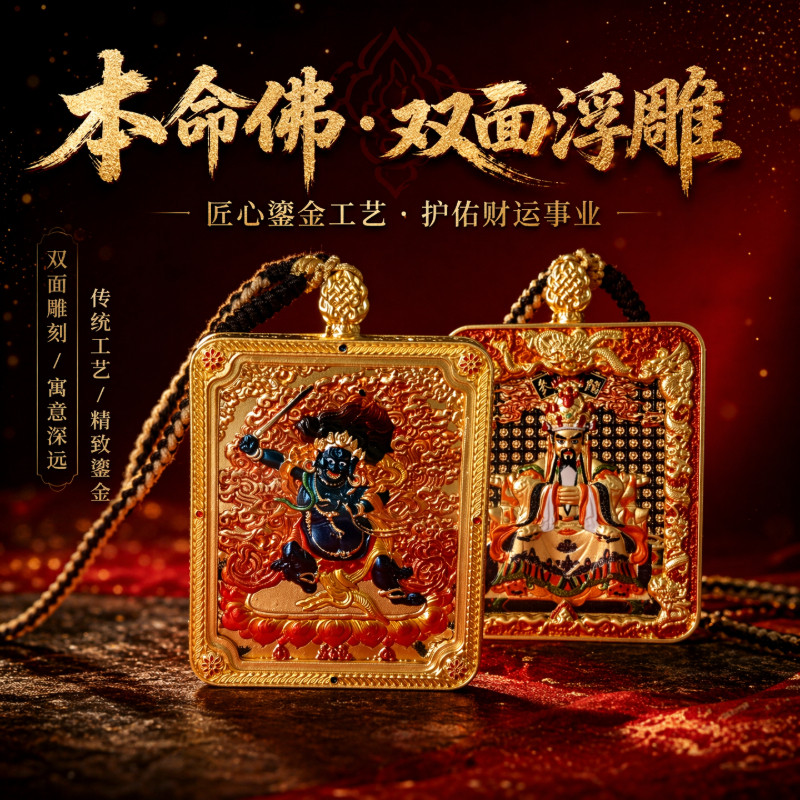 双面手绘唐卡本命年守护神吊坠