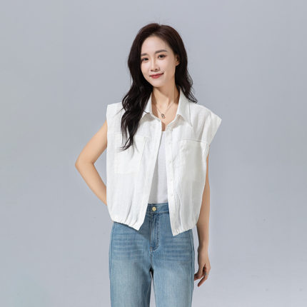 鑫阁无袖马甲女装2025夏季新款纯色短袖翻领上衣高上衣亚麻外套女