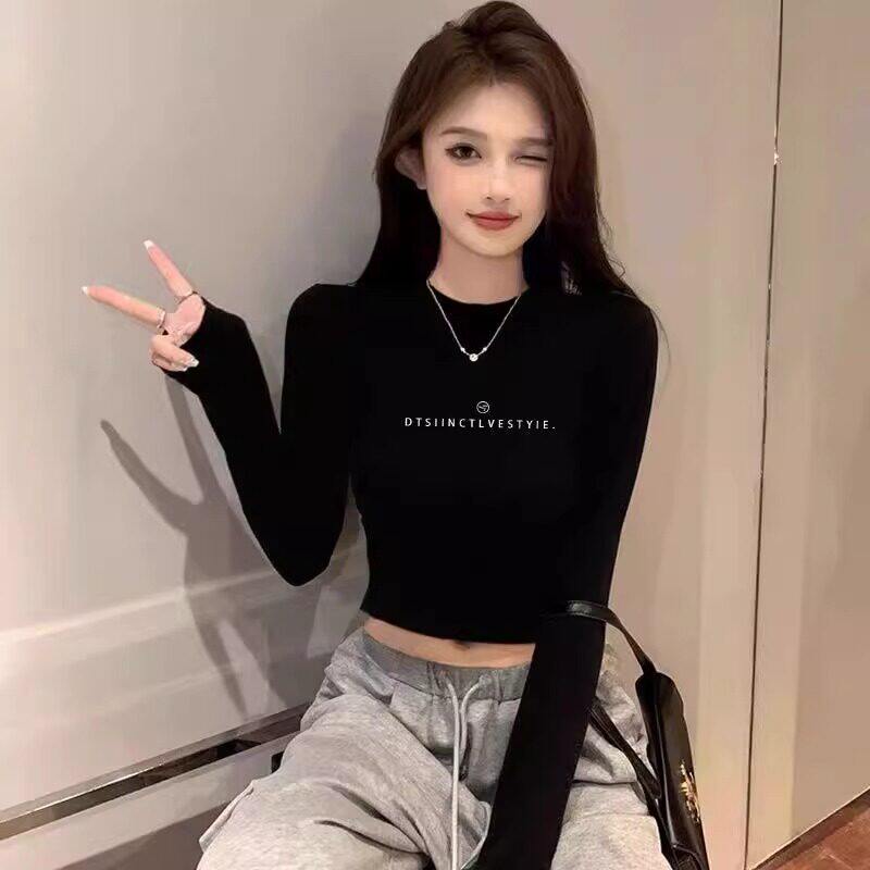 黑色短款长袖T恤女春季20