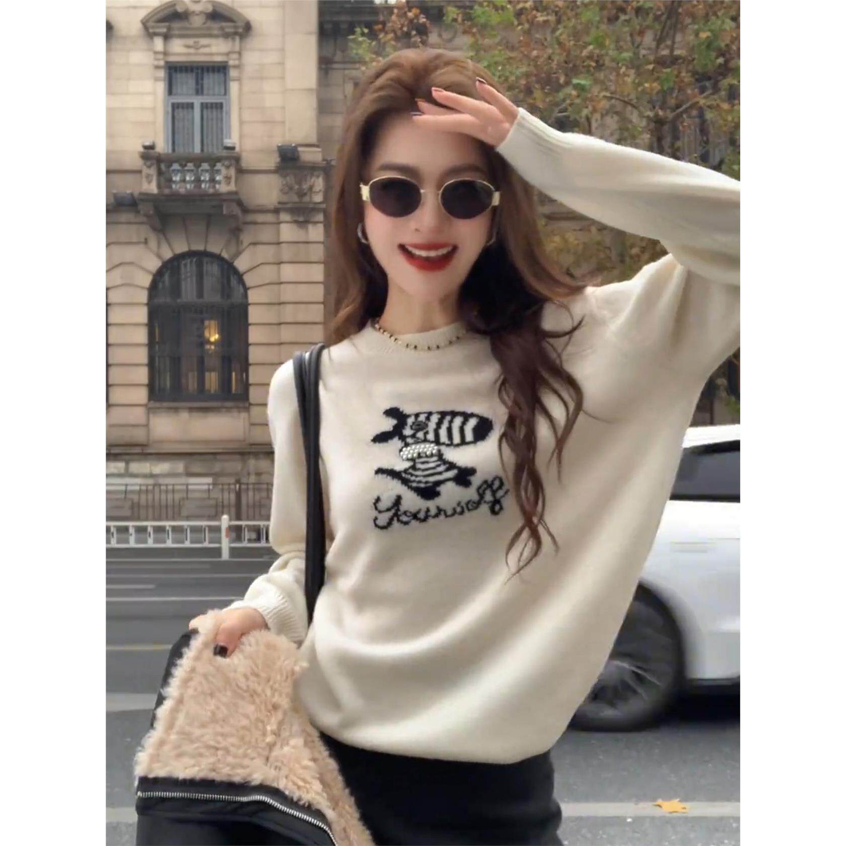 韩系chic别致白色卡通提花针织衫女秋冬设计感小众内搭打底衫上衣