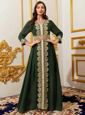 礼服中东迪拜长袍绿色优雅复古蕾丝连衣裙宴会阿拉伯腰带V领长袖