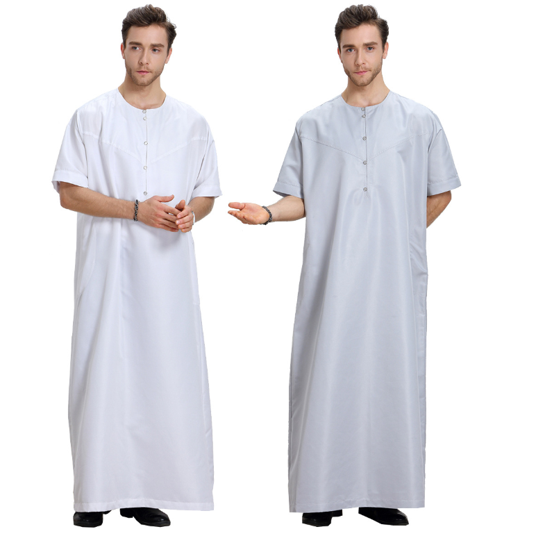 东南亚印尼男式灰色长袍迪拜袍回民阿拉伯中东短袖纯色男士长袍