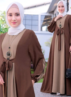 新款土耳其东南亚2023回族女装中东连衣裙拼色系带收腰长袖长裙