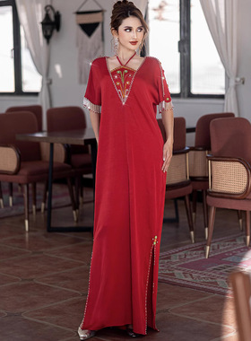 气质宴会服红色中东民族风东南亚长袍刺绣流苏挂脖下摆开叉连衣裙