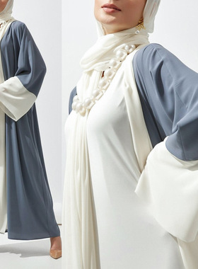 民族风长袖长裙宽松腰中长款dubai服饰防晒拼接开衫中东长袍圆领