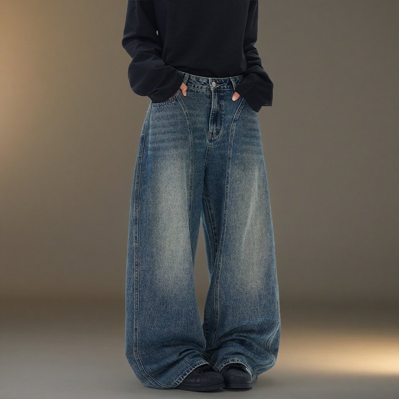 弯刀牛仔裤男美式高街宽松复古潮牌百搭春秋男士阔腿直筒牛仔长裤,男装,牛仔裤,淘宝优惠券,粉丝福利购,淘宝优惠卷