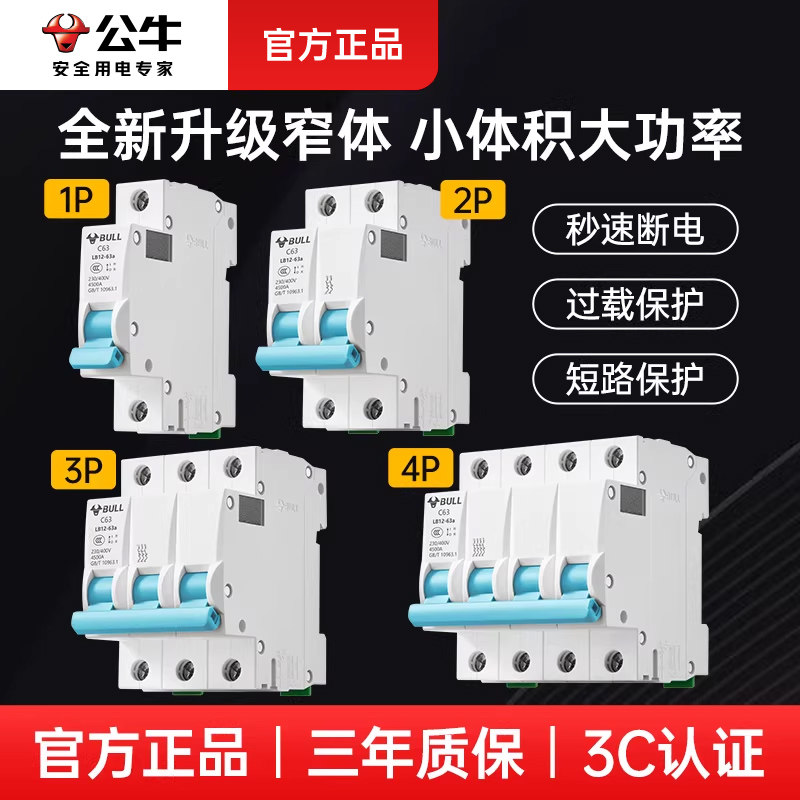 公牛2p3p空气开关100a电源总闸控制断电总开关家用63a空开断路器