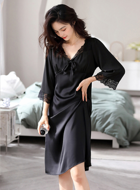 睡裙女睡衣春秋高级感丝绸冰丝仿真丝长袖长款大码夏季宫廷风法式