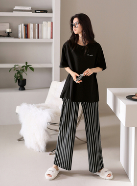 家乐芬睡衣女款夏季莫代尔短袖长裤家居服半袖黑色高级感休闲套装