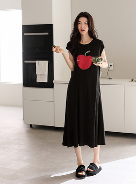 家乐芬睡裙女款睡衣夏季夏天莫代尔短袖黑色休闲可外穿加大码长款