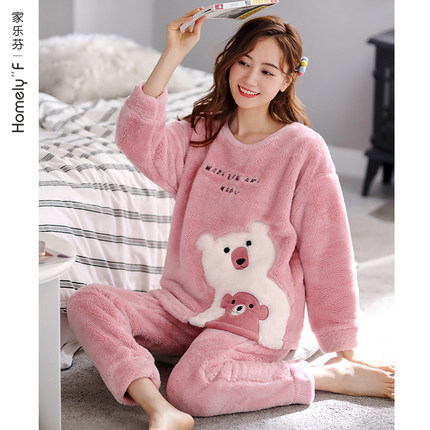 睡衣女士秋冬款冬天珊瑚绒加厚加绒保暖法兰绒家居服冬天可爱套头