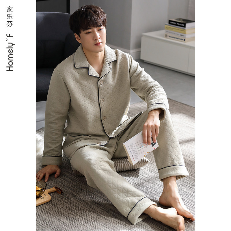 睡衣男士春秋款秋季加厚纯棉家居服秋冬款冬季薄款夹棉空气棉夹层
